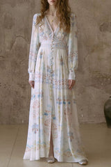 lesley Printed V-neck lantern sleeve slit maxi dress - blue