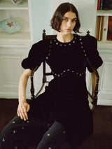 vicky black rhinestone embellished velvet puff sleeve maxi dress