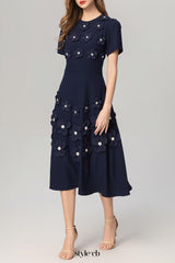 katherine 3d flower appliqué midi dress in navy blue
