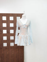 eileen Long-sleeve v-neck lace A-line mini dress in blue