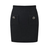 Textured knit jacket skirt suit in black