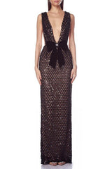 rebecca bow sequin embellished v neck maxi dress in black