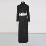 Button-embellished cotton-jersey top maxi skirt suit in black