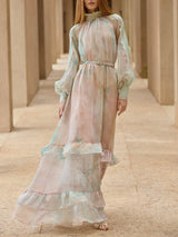 olga floral print lantern sleeve layer Sheer maxi dress