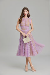 phoenix 3d Embroidered lace mesh midi dress in purple
