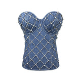 jacqueline Crystal Embellished Strapless Denim Top in blue