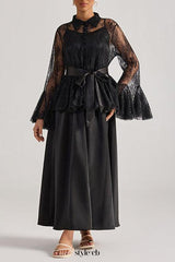 Tiffany black lace bell-sleeve ruffle embroidered top maxi skirt set