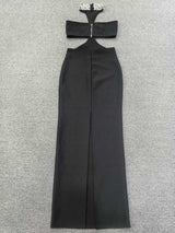 gwendolyn crystal halter cut out maxi dress in black