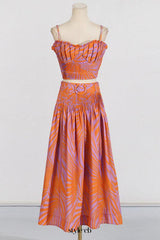 Pleated floral-print linen bustier top skirt set in blue