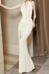 carol ruched halter bodycon maxi dress in white