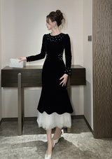 zona black Beaded irregular hem velvet fishtail maxi dress