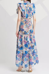 chloe hollow out flower embroidery maxi dress in blue