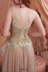 heloise lace mesh flower detail maxi dress in cream pink