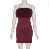 irene Fur Trim Bandage Mini Dress in Burgundy