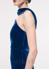 josephine off-shoulder velvet sash gown in blue