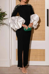 ellen black Long Sleeve Rhinestone Contrast Bandage Maxi Dress