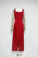 nicola square neck flower embroidery satin maxi dress in red
