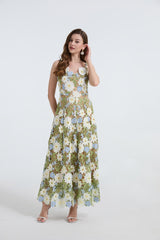 celeste floral hollow stitching maxi dress in green