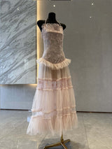 hermosa Lace splicing layer maxi dress in pink