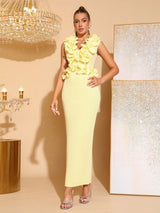 cynthia 3D Flower v-neck Sleeveless bodycon Maxi Dress in yellow