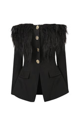 black Off-shoulder feather metal buckle decoration blazer mini dress