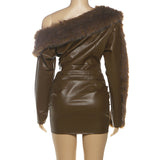 sibyl Leather fur collar asymmetrical mini dress in brown