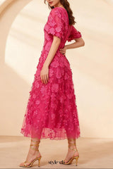 modesty Puff sleeve V-neck embroidery midi dress in rose red