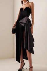 bow Irregular Asymmetric Sleeveless midi Dress in black