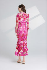 CAROL ROSE RED FLORAL EMBROIDERY MESH LONG SLEEVE MIDI DRESS