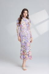 CAROL PURPLE FLORAL EMBROIDERY MESH LONG SLEEVE MIDI DRESS