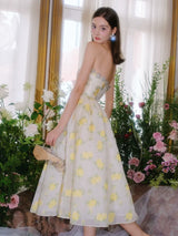 Lemon Yellow Strapless Long Cocktail Dress-Butter Cup