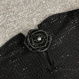 Strapless Rhinestone rose maxi dress in black