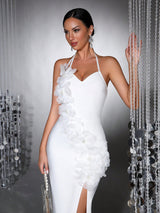 anila 3d floral halter high slit maxi dress in white