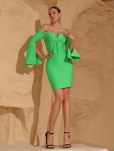 cara Off-shoulder long-sleeve diamond bodycon mini dress in green