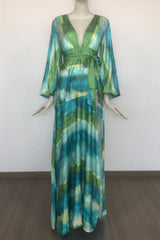Green multicolor floral print puff sleeve maxi dress