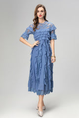 lorraine lace ruffle trim midi dress in blue
