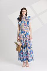 chloe hollow out flower embroidery maxi dress in blue