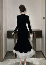 zona black Beaded irregular hem velvet fishtail maxi dress