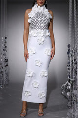 phoenix 3d flower sequin halter bandage maxi dress in white