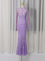 penny lace hollow ruched bodycon long sleeve maxi dress in purple