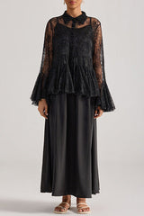 Tiffany black lace bell-sleeve ruffle embroidered top maxi skirt set