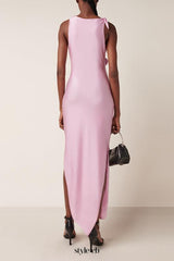 3d flower asymmetric satin slit gown in pink