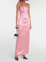 yvonne one-shoulder 3d flower satin maxi dress in pink