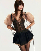 puff sleeve top lace skirt set in black