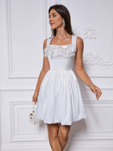 sabina appliqué Satin puffy mini dress in white