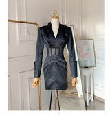 alyssa Deep V See-Through Fishbone Pleated Hip blazer mini dress in black