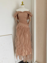 tulle tube top with rippling pattern maxi dress in Khaki