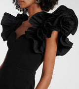 blanche ruffle crepe midi dress in black