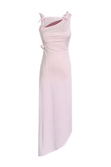 3d flower asymmetric satin slit gown in pink