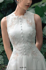 nancy lace embroidery pleated midi dress in white